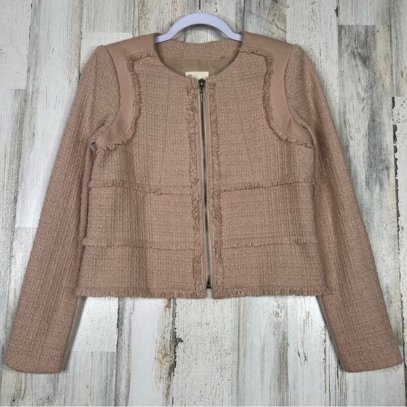 Rebecca Taylor Designer Tweed Leather Trimmed Blush Pink Blazer Jacket Size 6
